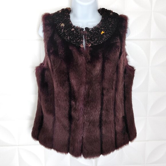 Fabulous Fur Vest Vegan Brown Plum Beaded Embellished Neck S Donna Salyers - Picture 5 of 9